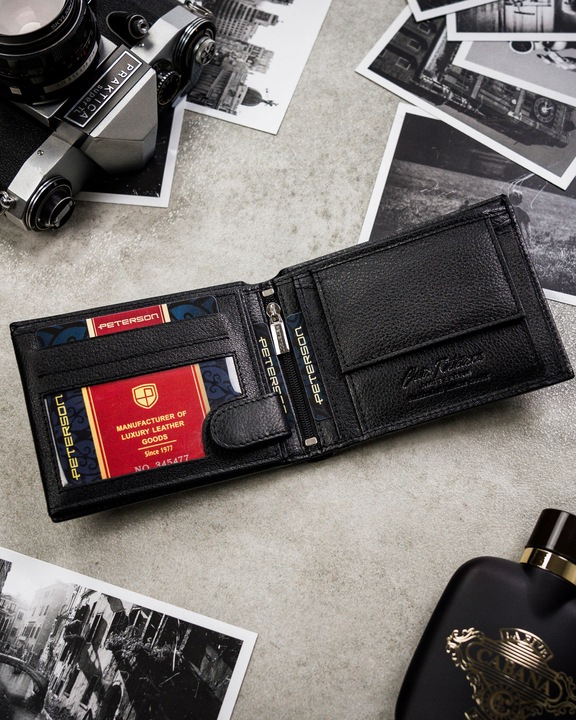Portfel męski skórzany mały PETERSON ochrona RFID na karty pudełko prezent