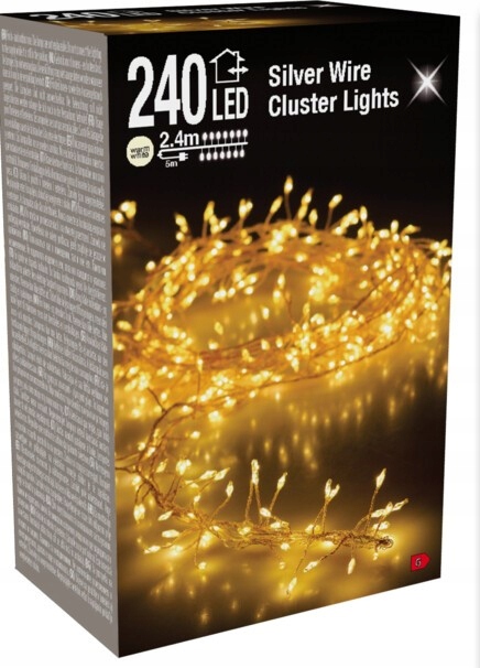 Lampki choinkowe 240 LED biały ciepły 2,4 metra CLUSTER RYŻ SREBRNY DRUCIK