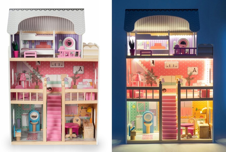 Domek dla Lalek Drewniany Duży Oświetlenie LED Mebelki 3 Poziomy - XL 90cm