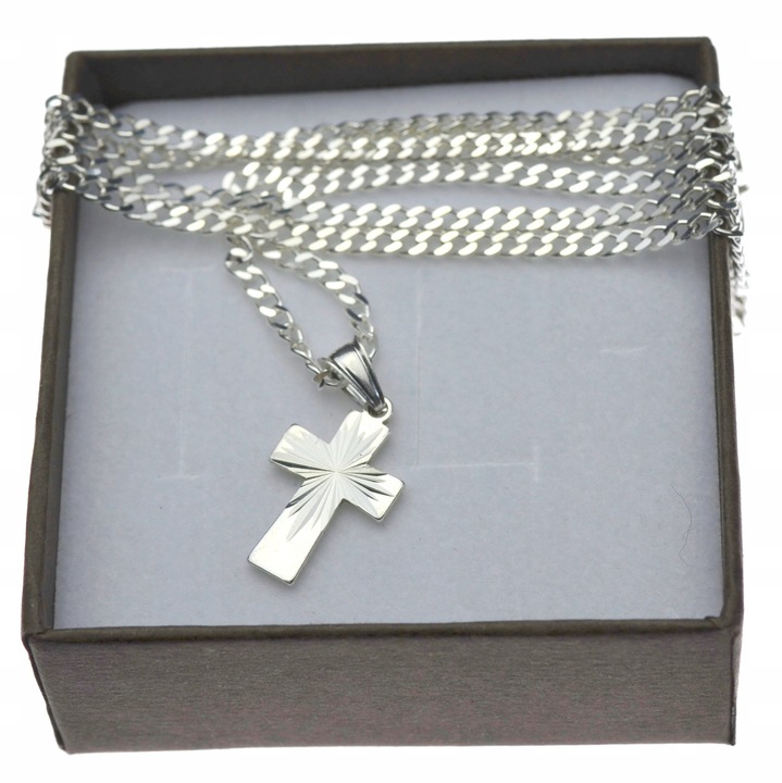 ŁAŃCUSZEK SREBRNY Z KRZYŻYKIEM 55CM PROMIENIE 925