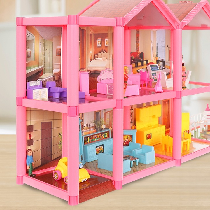 DOMEK DLA LALEK WILLA RÓZOWA MEBLE LALKI LALECZKI TARAS SAMOCHÓD DO ZABAWY