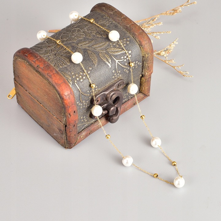 Naszyjnik Kolor Złoty Stal Nierdzewna Perły Perełki Klasyczny Elegancki