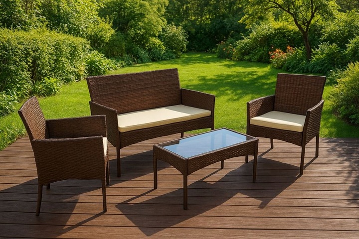 ZESTAW MEBLI OGRODOWYCH Z TECHNORATTANU ŁAWKA STÓŁ KRZESŁA BRĄZ MultiGarden