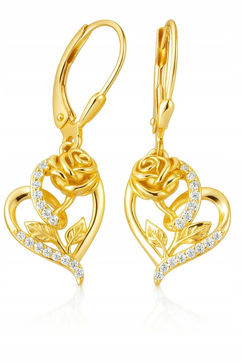 Złote Kolczyki 925 Wiszące Serca Róże Serce Wieczna Róża