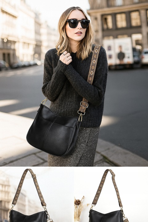 TOREBKA DAMSKA TORBA NA RAMIĘ SKÓRZANA MIEJSKA POJEMNA CZARNA LISTONOSZKA