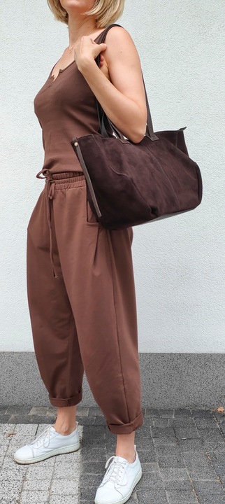 Torebka shopper zamszowa Vera Pelle skóra czekoladowa