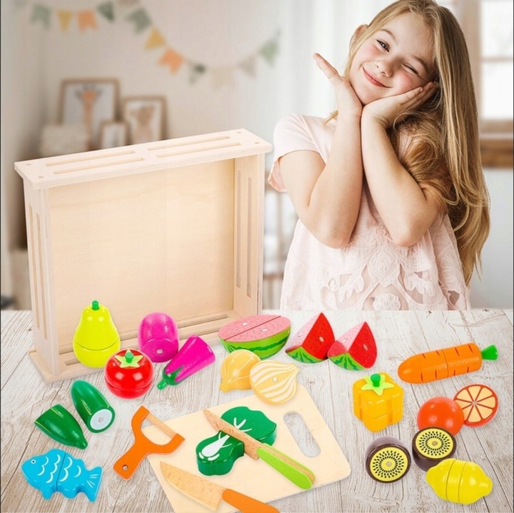 DREWNIANE WARZYWA I OWOCE NA MAGNES ZESTAW DO KROJENIA ZABAWKA EDUKACYJNA