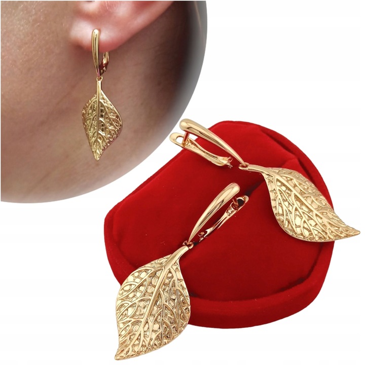 Złote kolczyki wiszące liście eleganckie pozłacane antyalergiczne
