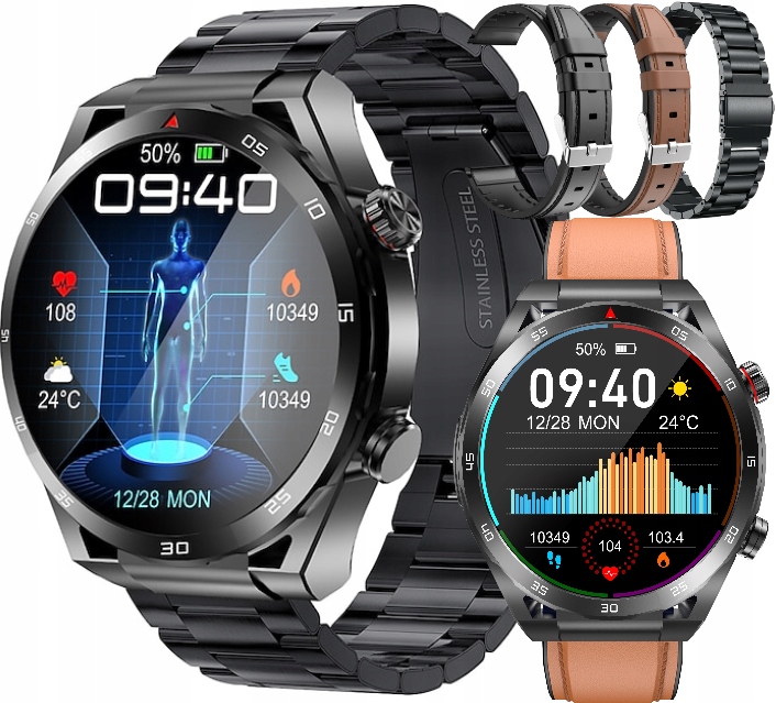 SMARTWATCH ZEGAREK TEMPERATURA CIAŁA POMIAR CUKRU GLUKOZA 3 PASKI HRV EKG