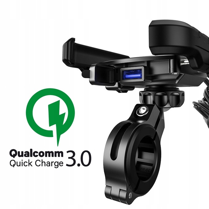 UCHWYT MOTOCYKLOWY NA TELEFON SZYBKA ŁADOWARKA USB QC3.0 MOTOCYKL + KABEL