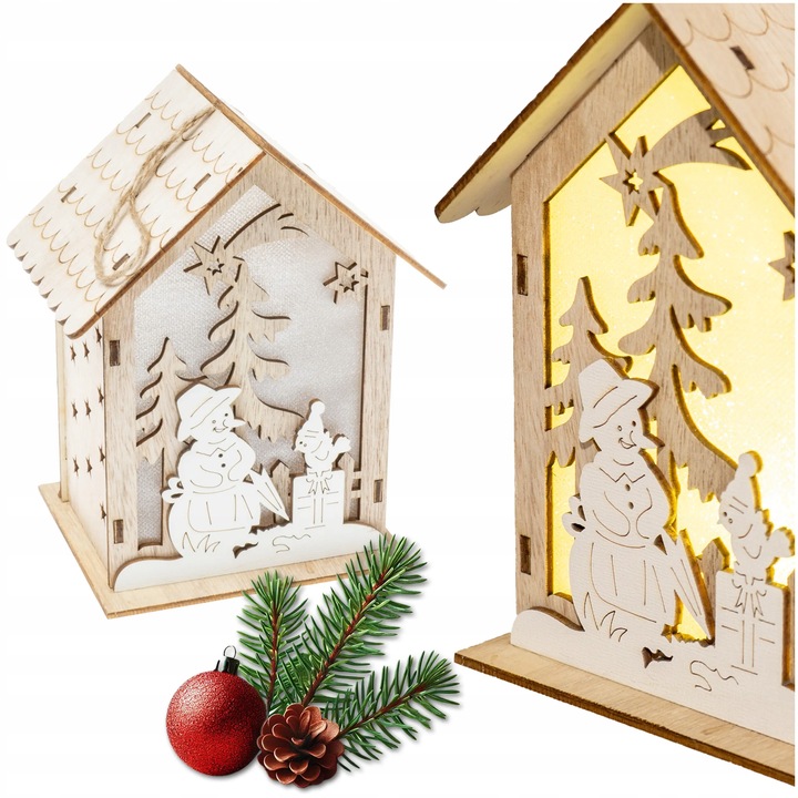 Lampion adwentowy drewniany na roraty z latarenką LED domek podświetlany 16
