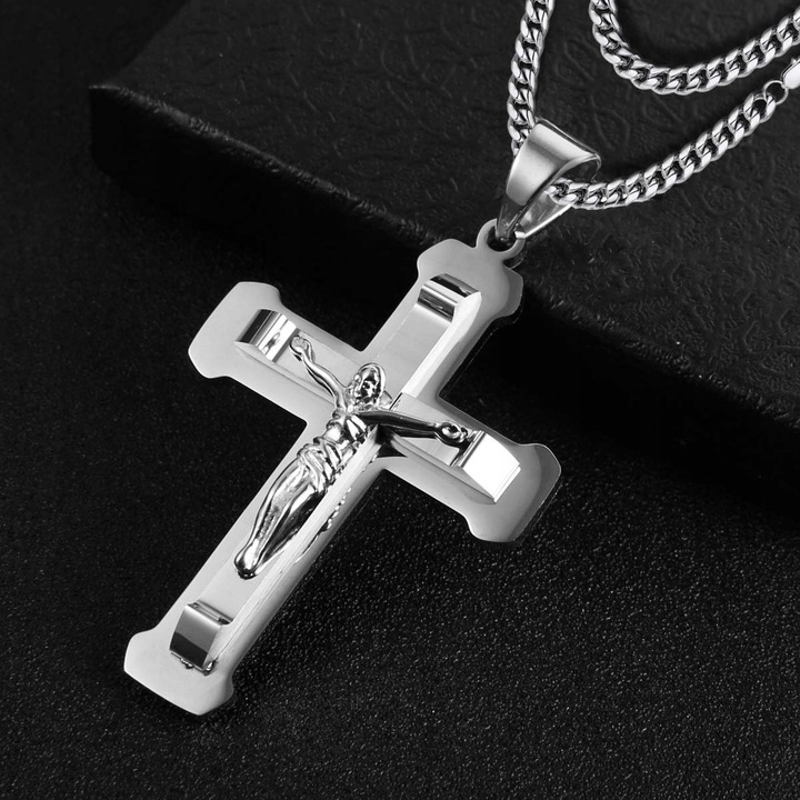 Naszyjnik srebrny duży krzyż krzyżyk Jezus stal szlachetna 316L 50 cm