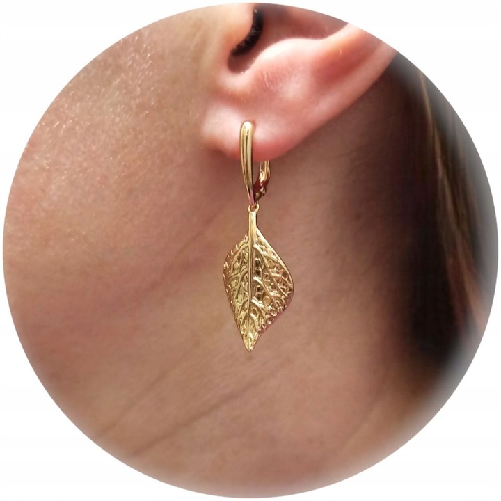 Złote kolczyki wiszące liście eleganckie pozłacane antyalergiczne