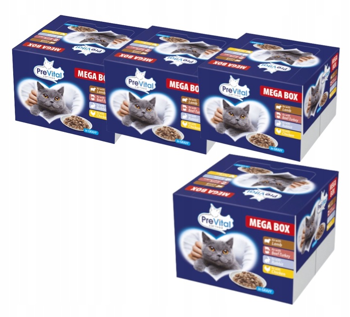 MOKRA KARMA DLA KOTA MIX 4 SMAKÓW MEGABOX 96X100G SASZETKI W SOSIE PREVITAL