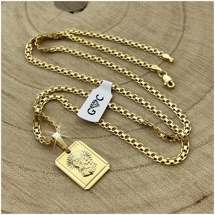 ZŁOTY ŁAŃCUSZEK Z MEDALIKIEM, SREBRO 925/585, DLA CHŁOPCA NA KOMUNIĘ+GRAWER