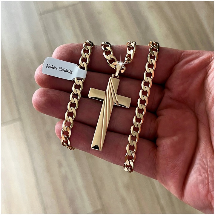 ZŁOTY ŁAŃCUSZEK PANCERKA 55CM 6MM Z KRZYŻYKIEM STAL CHIRURGICZNA NA PREZENT