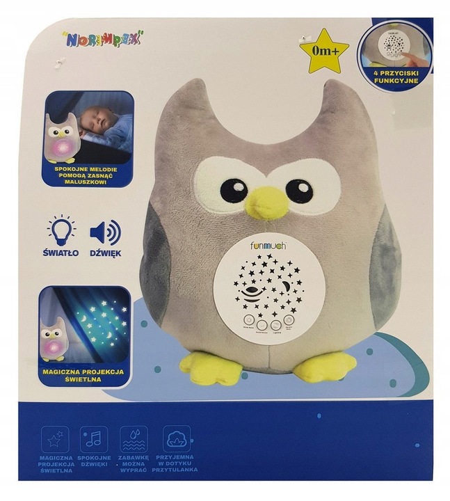 Sowa przytulanka z pozytywka projektorem MIŚ Projektor kołysanki USYPIACZ
