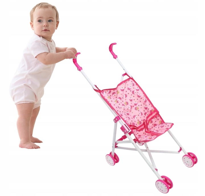 RÓŻOWY WÓZEK DLA LALEK MISIÓW SPACERÓWKA PARASOLKA SKŁADANY