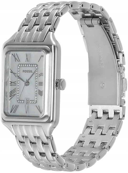 ZEGAREK DAMSKI FOSSIL ES5306 RAQUEL MODNY PROSTOKĄTNY DATA MASA PERŁOWA BOX