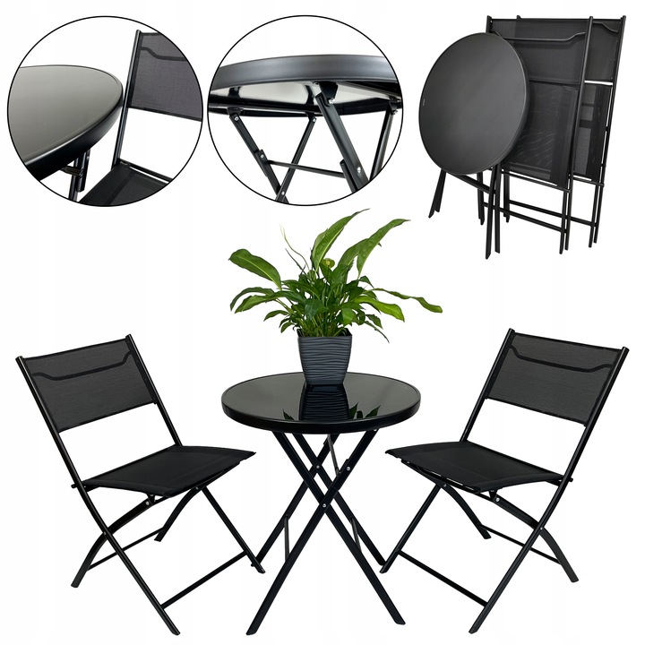 MEBLE NA BALKON TARAS SKŁADANE KOMPLET ZESTAW TASOS 2-OS 60 L CZARNY