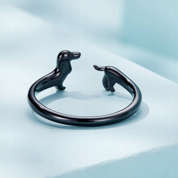 Pierścionek Srebrny 925 Regulowany Pies Jamnik Czarne Złoto Srebro 925