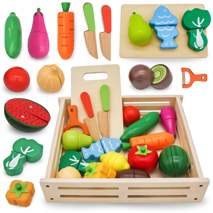 Drewniane Owoce i Warzywa Do Krojenia Zestaw XXL ze Skrzynką 17 elementów