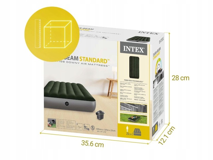 Materac Dmuchany Welurowy Łóżko z Pompką na Baterie Jednoosobowy Intex