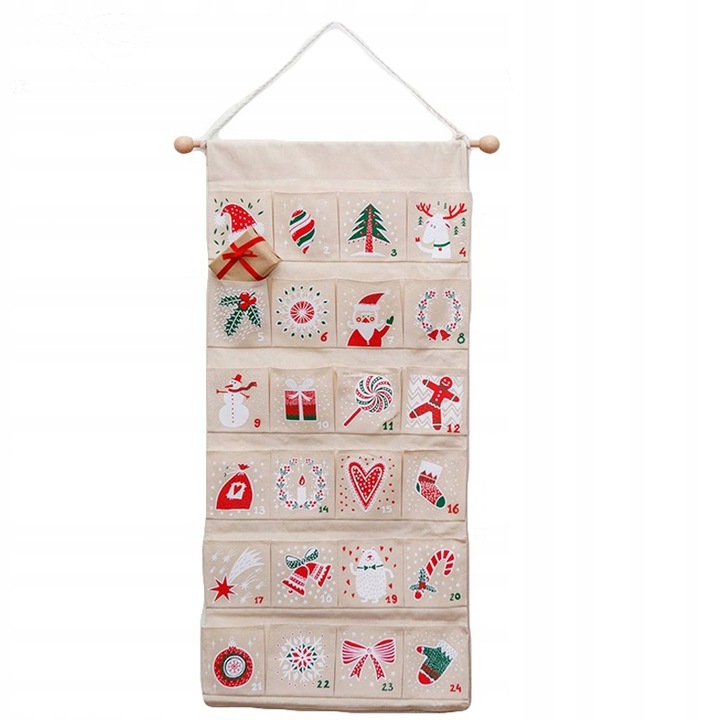 KALENDARZ ADWENTOWY MATERIAŁOWY PŁÓTNO DO ZAWIESZENIA WIELORAZOWY + ZADANIA