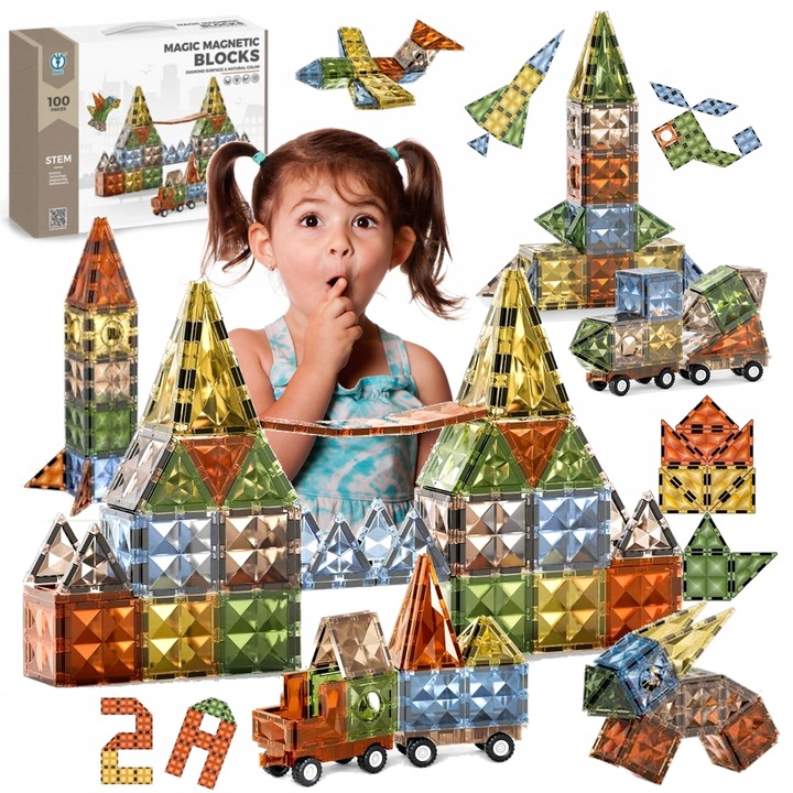 Klocki magnetyczne konstrukcyjne MEGA ZESTAW 100 el. DUŻE Magnetic Blocks