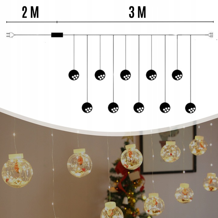 LAMPKI CHOINKOWE LED BOMBKI MIKOŁAJE ŚWIĄTECZNE 10 KUL LED NA USB 3M PILOT