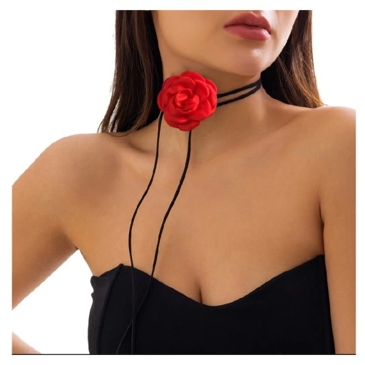 CHOKER NASZYJNIK ATŁAS RÓŻA CZERWONA MAŁA RZEMYK WALENTYNKI