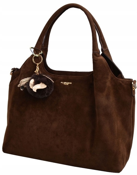 Torebka Flora&Co czekoladowa SHOPPER eco zamsz z brelokiem pompon