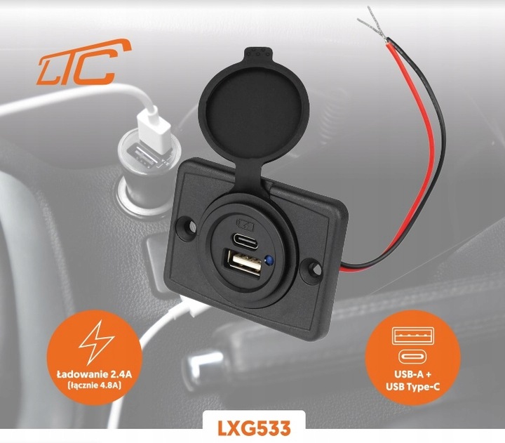LXG533 Ładowarka USB-C + USB-A gniazdo montażowe do samochodu jachtu kamper