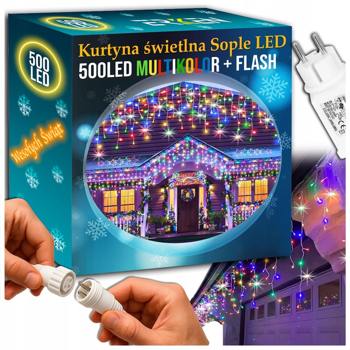 SOPLE 500 LED LAMPKI MULTIKOLOR + FLASH 23m GIRLANDA Świąteczna Kurtyna