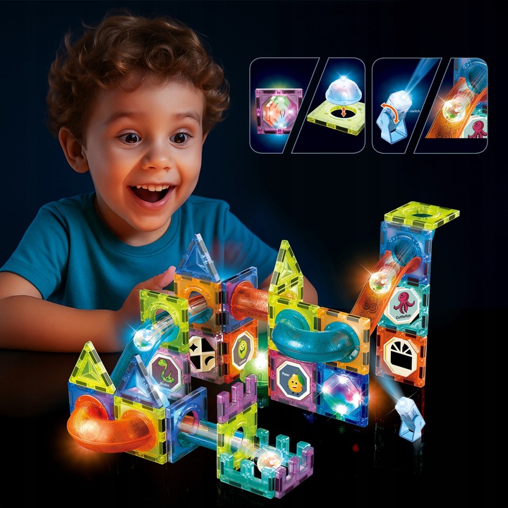 Klocki Magnetyczne Świecące Konstrukcyjne Tor Kulkowy Zestaw 75 elementów