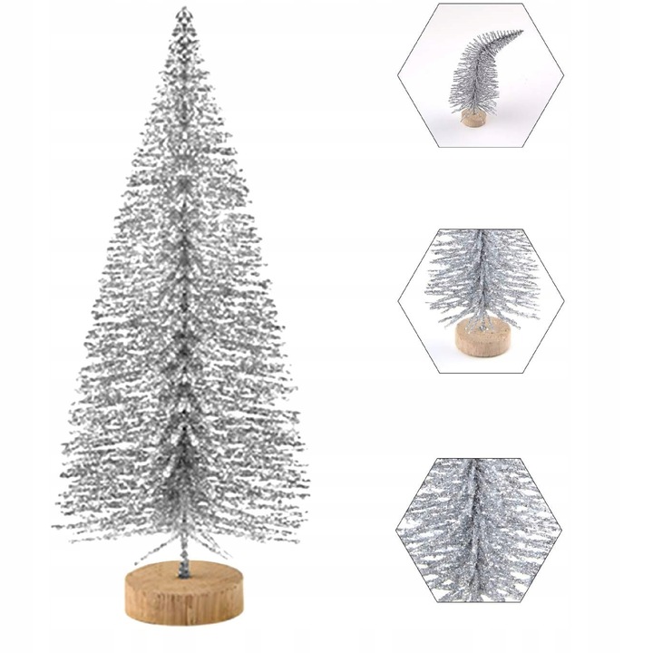 Mini choinki na pniu brokatowe drzewka 48szt. 5 rozmiarów srebrne