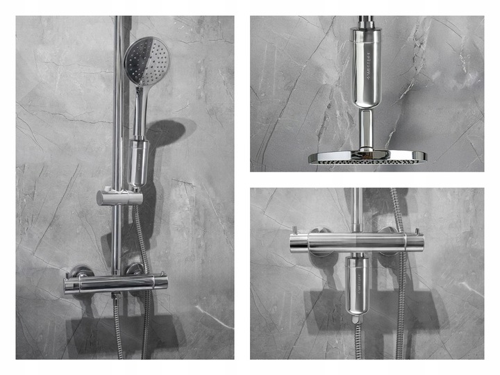 Filtr prysznicowy wkład do twardej wody z KDF srebrny chrom bez BPA