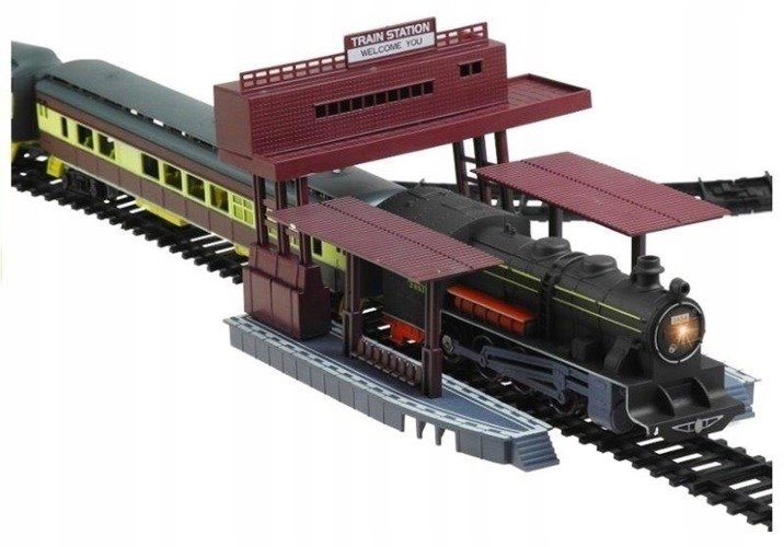 WIELKA KOLEJKA POCIĄG TORY 10 metrów LOKOMOTYWA LED 7 wagonów DRZEWKA PERON