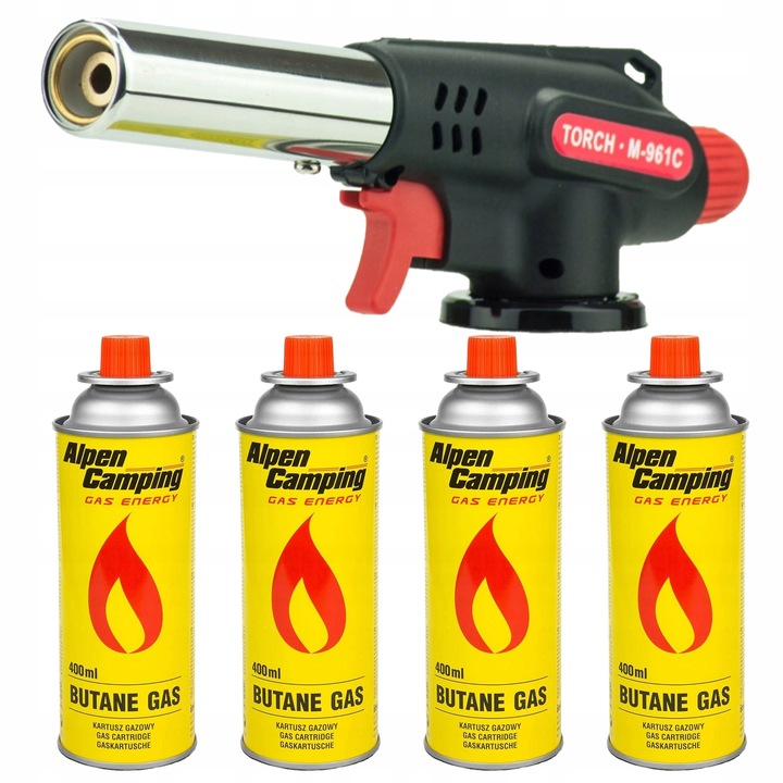 PALNIK GAZOWY TORCH M-961C + 4x NABÓJ KARTUSZ ALPEN CAMPING 400ml