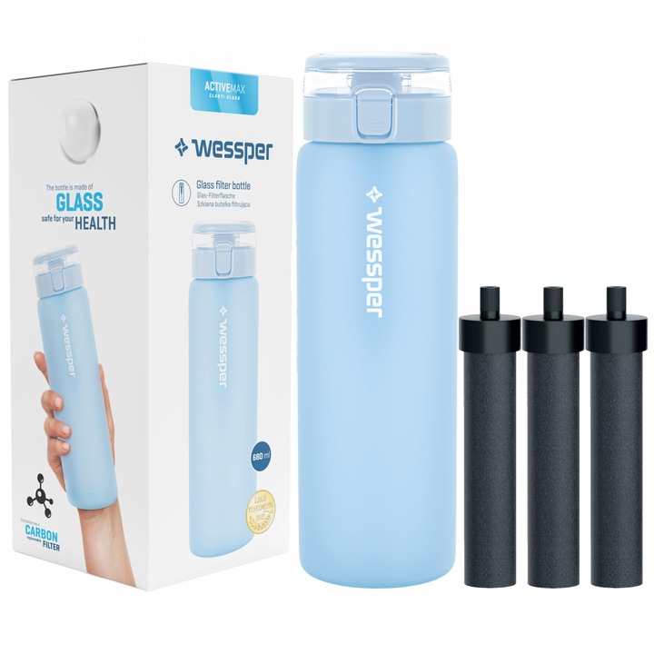SZKLANA Butelka filtrująca Wessper ActiveMax 0,68l niebieska + 3x Filtr