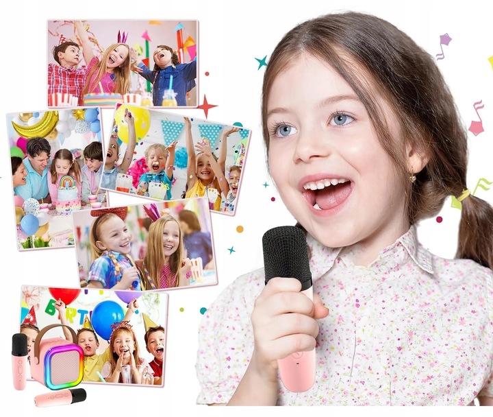 GŁOŚNIK PRZENOŚNY ZESTAW DO KARAOKE RGB BLUETOOTH 2 MIKROFONY USB JACK PINK