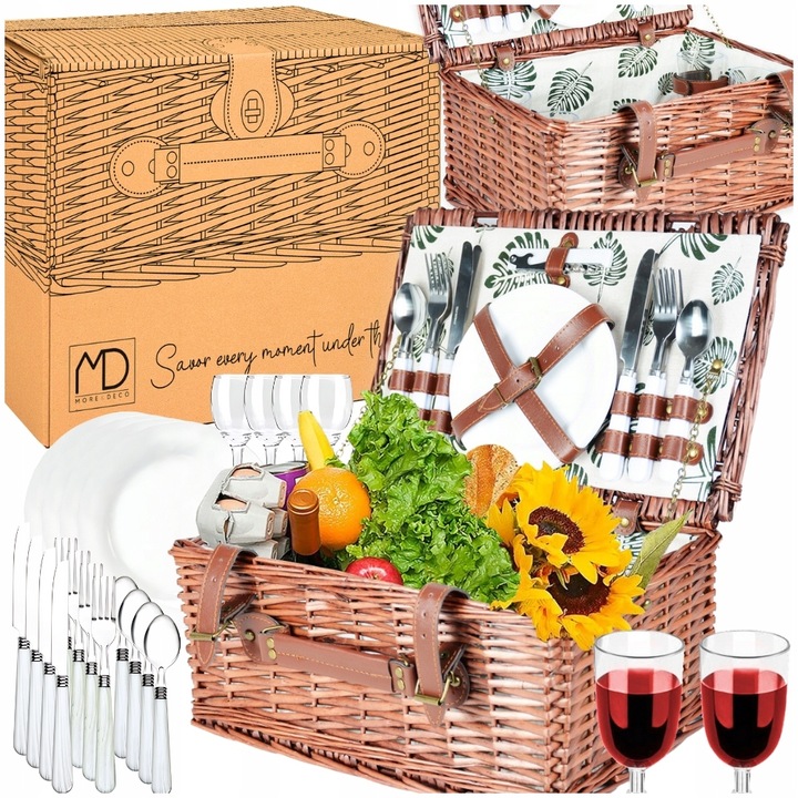 WIKLINOWY KOSZ PIKNIKOWY ZESTAW DLA 4 OSÓB ZASTAWA Z TALERZAMI KIELISZKAMI