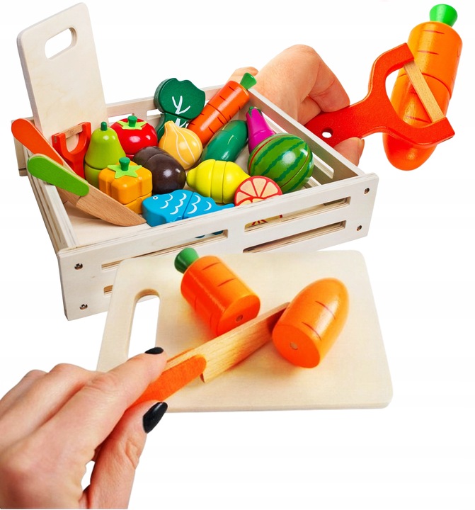 DREWNIANE WARZYWA I OWOCE DO KROJENIA W SKRZYNCE NA MAGNES DLA DZIECI XXL