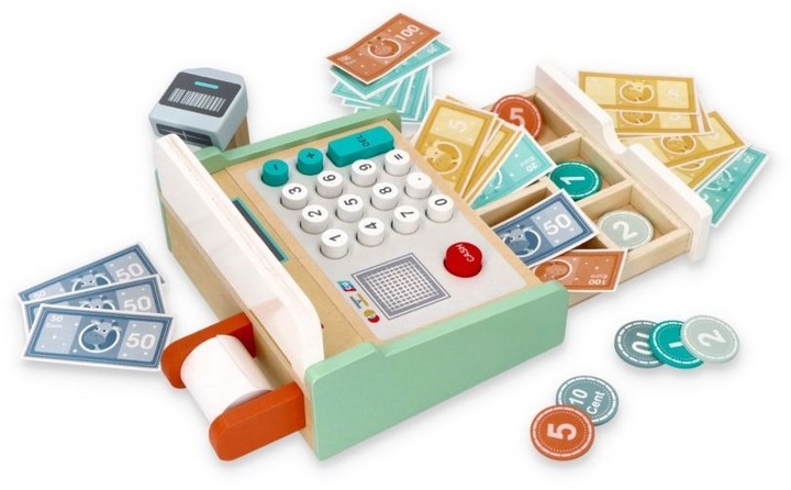 Drewniana kasa fiskalna ze skanerem Do przedszkola Do sklepu Dla dziecka