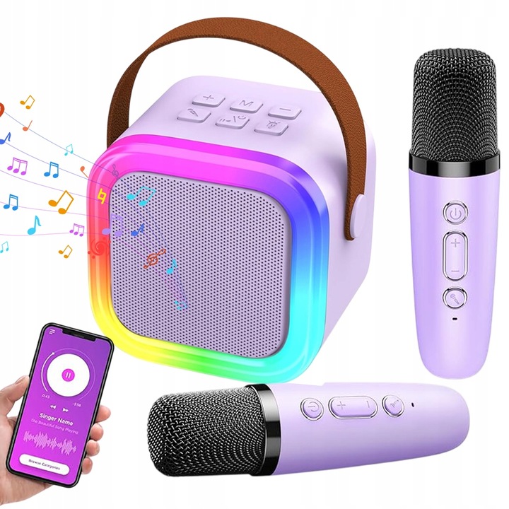 Bezprzewodowy Zestaw do Karaoke dla Dzieci LED Głośnik Bluetooth +Mikrofony