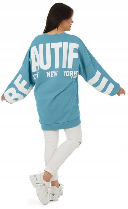 F577 nadruk BEAUTIFUL długa damska BLUZA oversize