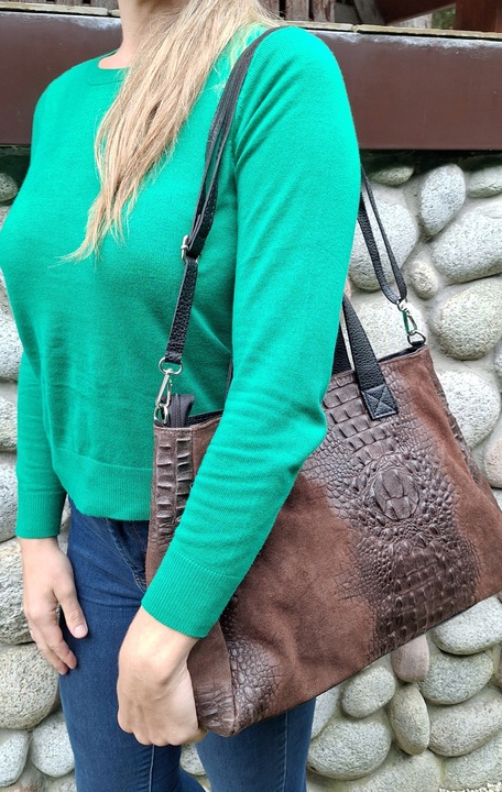 CZEKOLADOWA Zamszowa Torebka Włoska Kuferek SKÓRA NATURALNA Vera Pelle