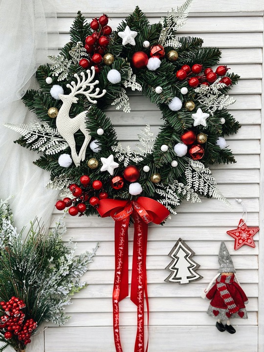 WIANEK ŚWIĄTECZNY BOŻE NARODZENIE WIENIEC STROIK NA DRZWI RENIFER