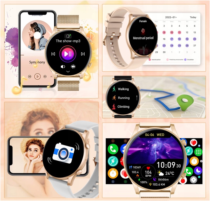 SMARTWATCH ZEGAREK DAMSKI POLSKIE MENU ROZMOWY ZDROWIE SPORT AMOLED 4 PASKI