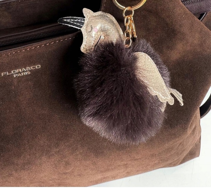 Torebka Flora&Co czekoladowa SHOPPER eco zamsz z brelokiem pompon